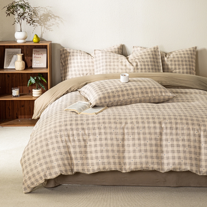 91家纺网 家纺一手货源 找家纺 2025新款全棉水洗棉双层纱印花四件套 伯克利-咖