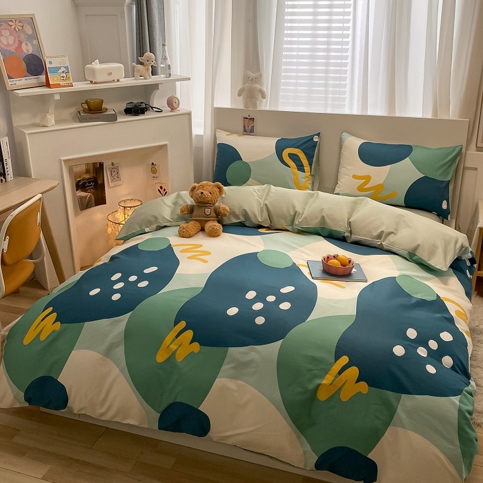 91家纺网 家纺一手货源 找家纺 吉象2025新款全棉印花北欧极简四件套系列 悉尼-绿（风格二）