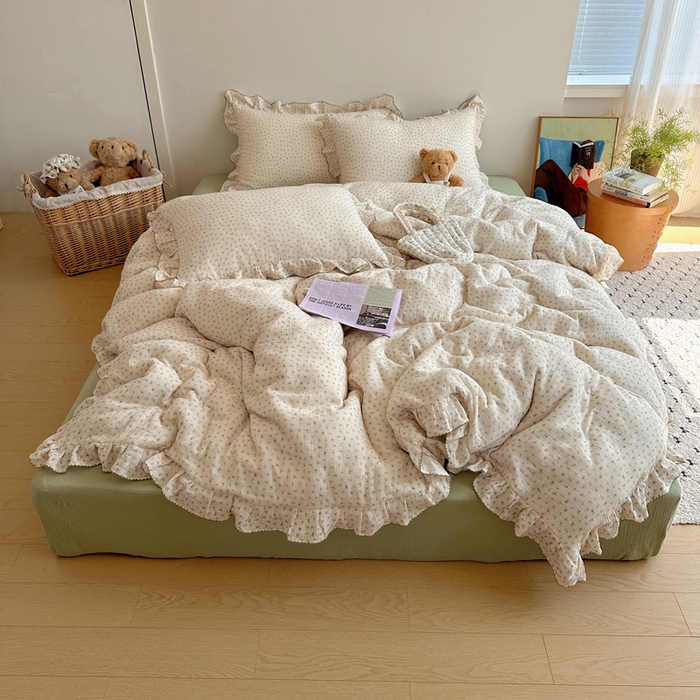 91家纺网 家纺一手货源 找家纺 2025新韩版花边全棉双层皱皱纱布四件套 清新奶盐