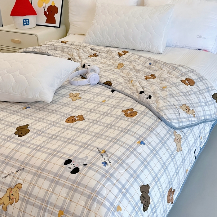 91家纺网 家纺一手货源 找家纺 兜米  2025夏季A类针织棉夏凉被小清新卡通双面针织棉空调被子被芯 格子狗