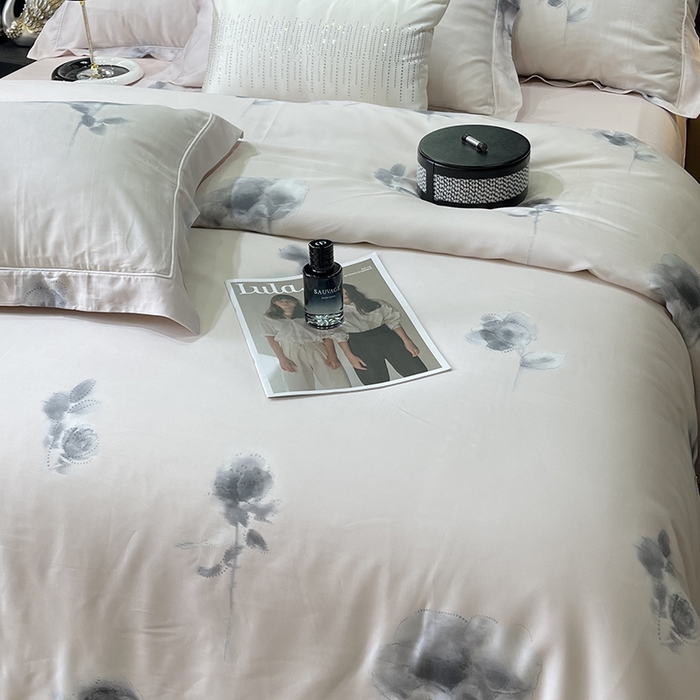 91家纺网 家纺一手货源 找家纺 莱豫2025新款50支莱赛尔天丝四件套 浅筏花亦