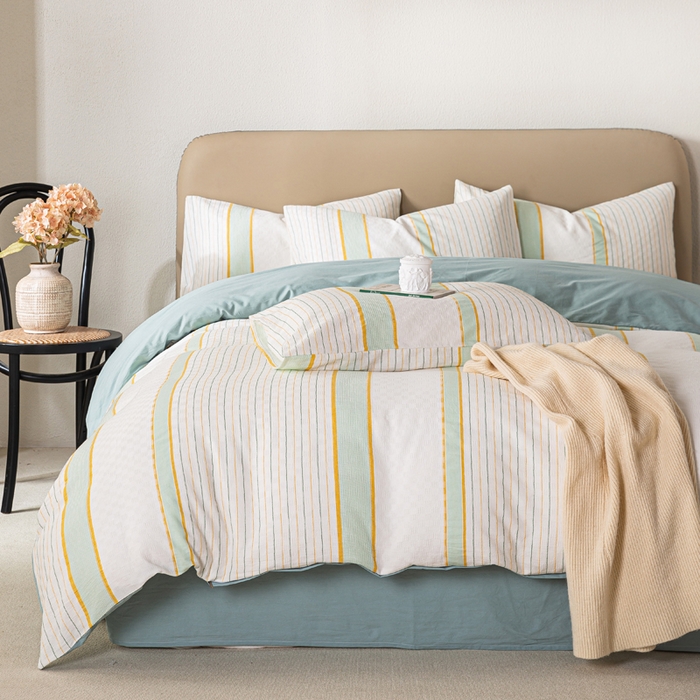 91家纺网 家纺一手货源 找家纺 九沐良品 2025新款全棉水洗棉提花四件套 简凝-湖兰