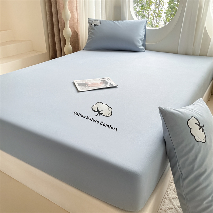 91家纺网 家纺一手货源 找家纺 布卢姆床垫 2025新款全棉烫画全棉老粗布床笠 棉朵-蓝灰