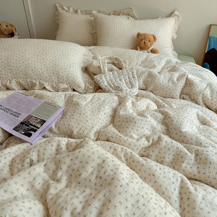 91家纺网 家纺一手货源 找家纺 （总）2025新韩版花边全棉双层皱皱纱布四件套