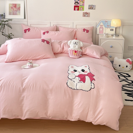 首尔2025新款云朵棉毛巾绣四件套 白猫