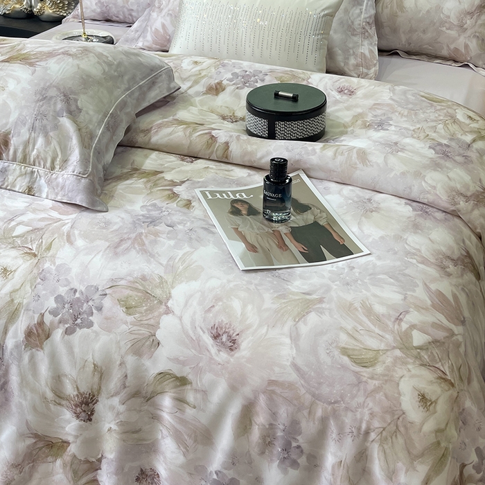 91家纺网 家纺一手货源 找家纺 莱豫2025新款50支莱赛尔天丝四件套 花影之恋紫