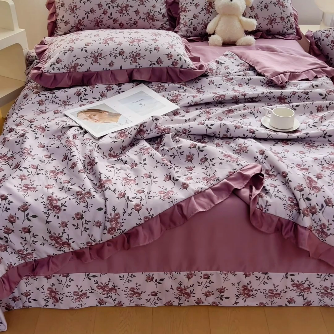 91家纺网 家纺一手货源 找家纺 找底底家纺 2025新款60S水洗天丝夏被夏凉被空调被床裙四件套 满园芬芳