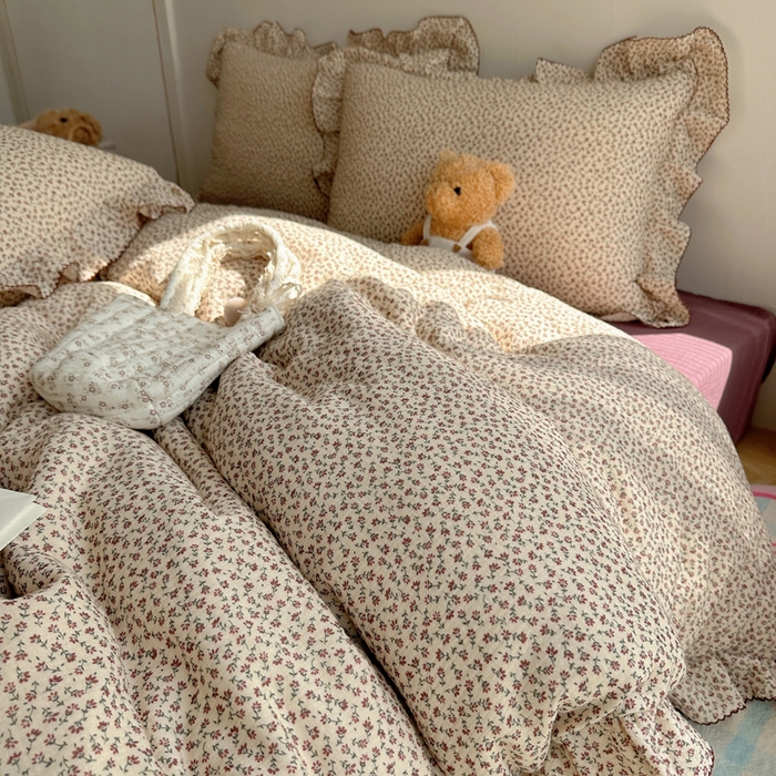 91家纺网 家纺一手货源 找家纺 2025新韩版花边全棉双层皱皱纱布四件套 紫鸢温柔