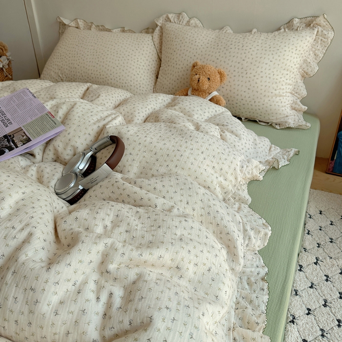 91家纺网 家纺一手货源 找家纺 2025新韩版花边全棉双层皱皱纱布四件套 清新奶盐