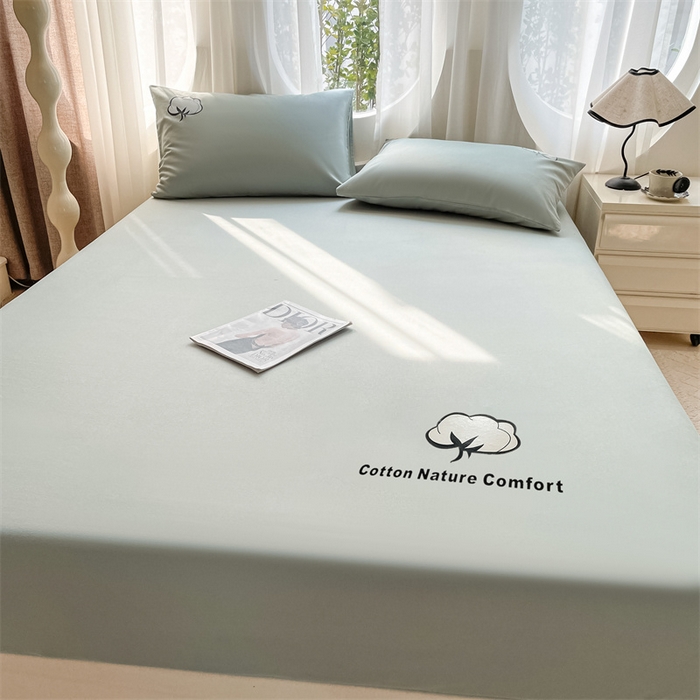 91家纺网 家纺一手货源 找家纺 布卢姆床垫 2025新款全棉烫画全棉老粗布床笠 棉朵-松绿