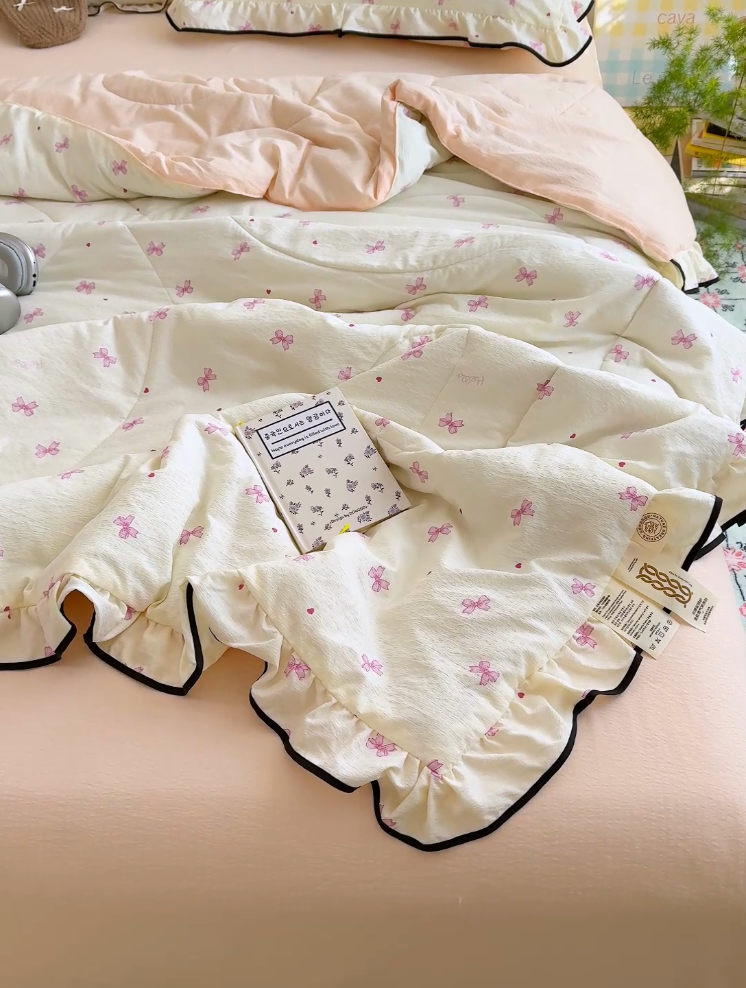 91家纺网 家纺一手货源 找家纺 慕尚 2025新款云感棉花边夏凉被空调被 粉蝴蝶结