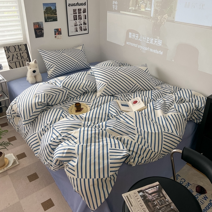 91家纺网 家纺一手货源 找家纺 吉象2025新款全棉印花北欧极简四件套系列 语初蓝