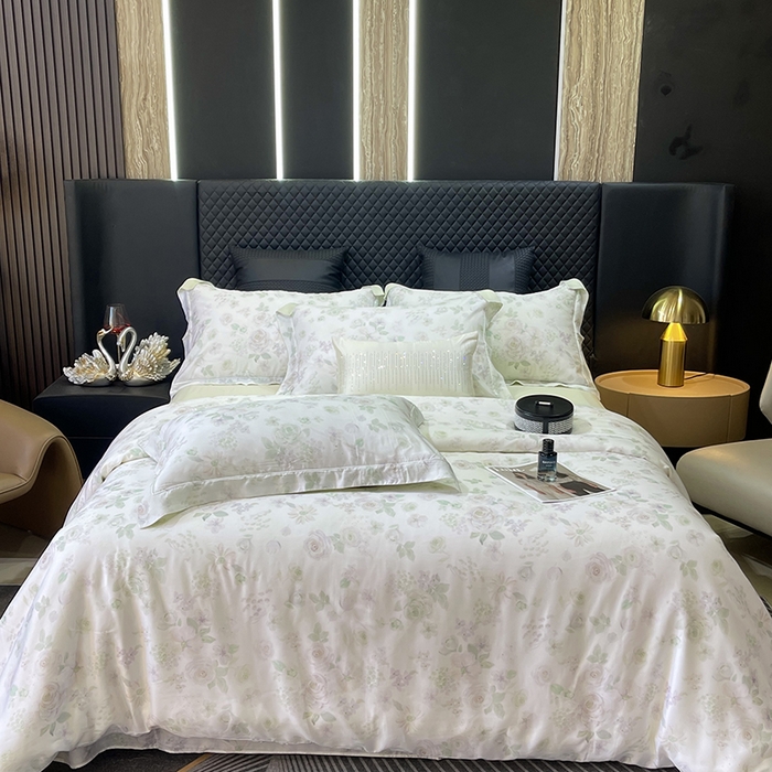 91家纺网 家纺一手货源 找家纺 莱豫2025新款50支莱赛尔天丝四件套 绿光森林