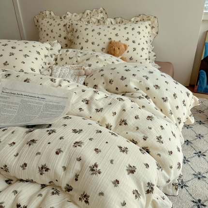 2025新韩版花边全棉双层皱皱纱布四件套 清冷紫葡萄