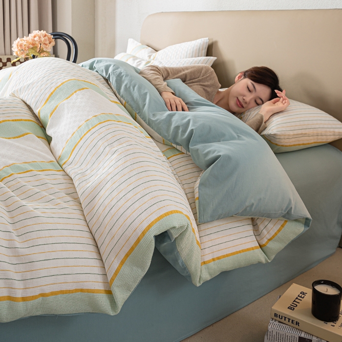 91家纺网 家纺一手货源 找家纺 九沐良品 2025新款全棉水洗棉提花四件套 简凝-湖兰