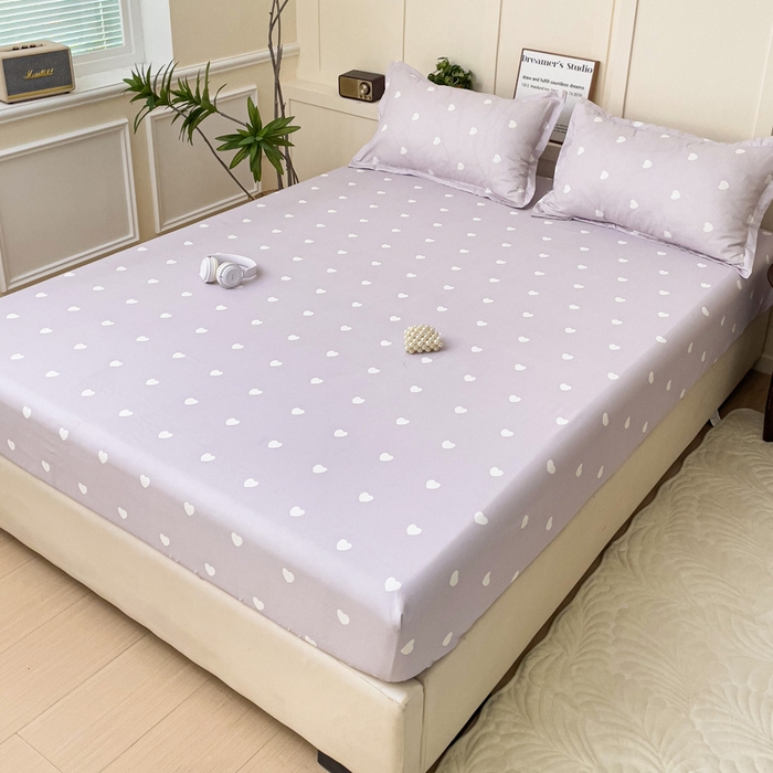 91家纺网 家纺一手货源 找家纺 朵朵家纺 2025新款亲肤棉芦荟棉床笠单床笠，磨毛床笠，印花床笠（可定制尺寸 ） 爱心紫