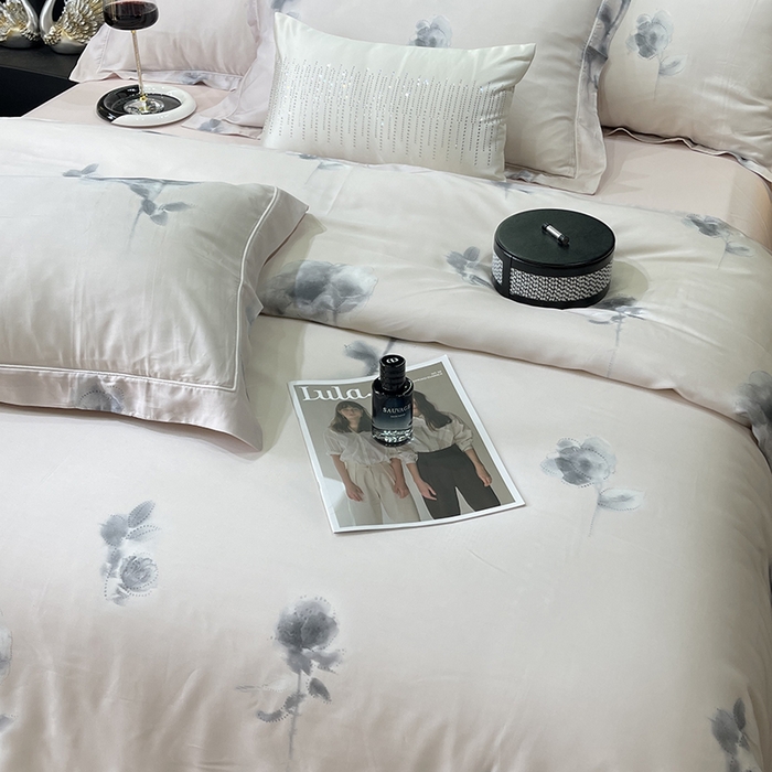 91家纺网 家纺一手货源 找家纺 莱豫2025新款50支莱赛尔天丝四件套 浅筏花亦