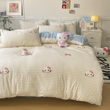 首尔2025新款云朵棉毛巾绣四件套 黄格小猫