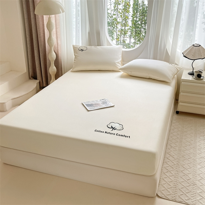 91家纺网 家纺一手货源 找家纺 布卢姆床垫 2025新款全棉烫画全棉老粗布床笠 棉朵-奶黄