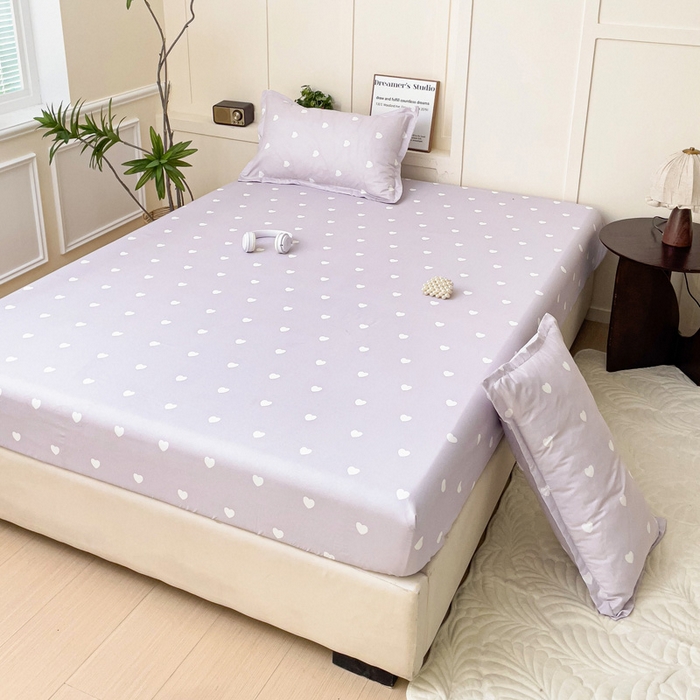91家纺网 家纺一手货源 找家纺 朵朵家纺 2025新款亲肤棉芦荟棉床笠单床笠，磨毛床笠，印花床笠（可定制尺寸 ） 爱心紫