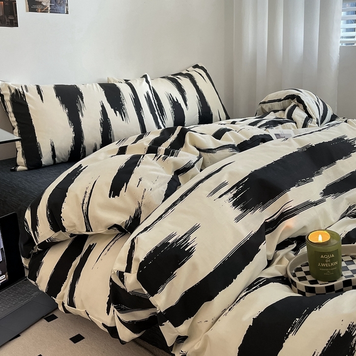 91家纺网 家纺一手货源 找家纺 吉象2025新款全棉印花北欧极简四件套系列 文艺黑