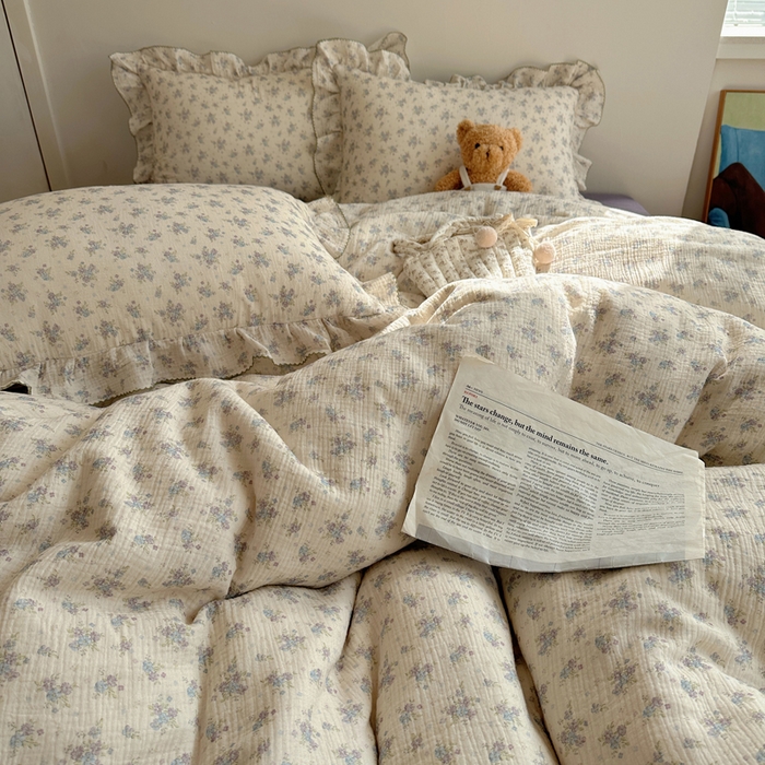 91家纺网 家纺一手货源 找家纺 2025新韩版花边全棉双层皱皱纱布四件套 怦然心动