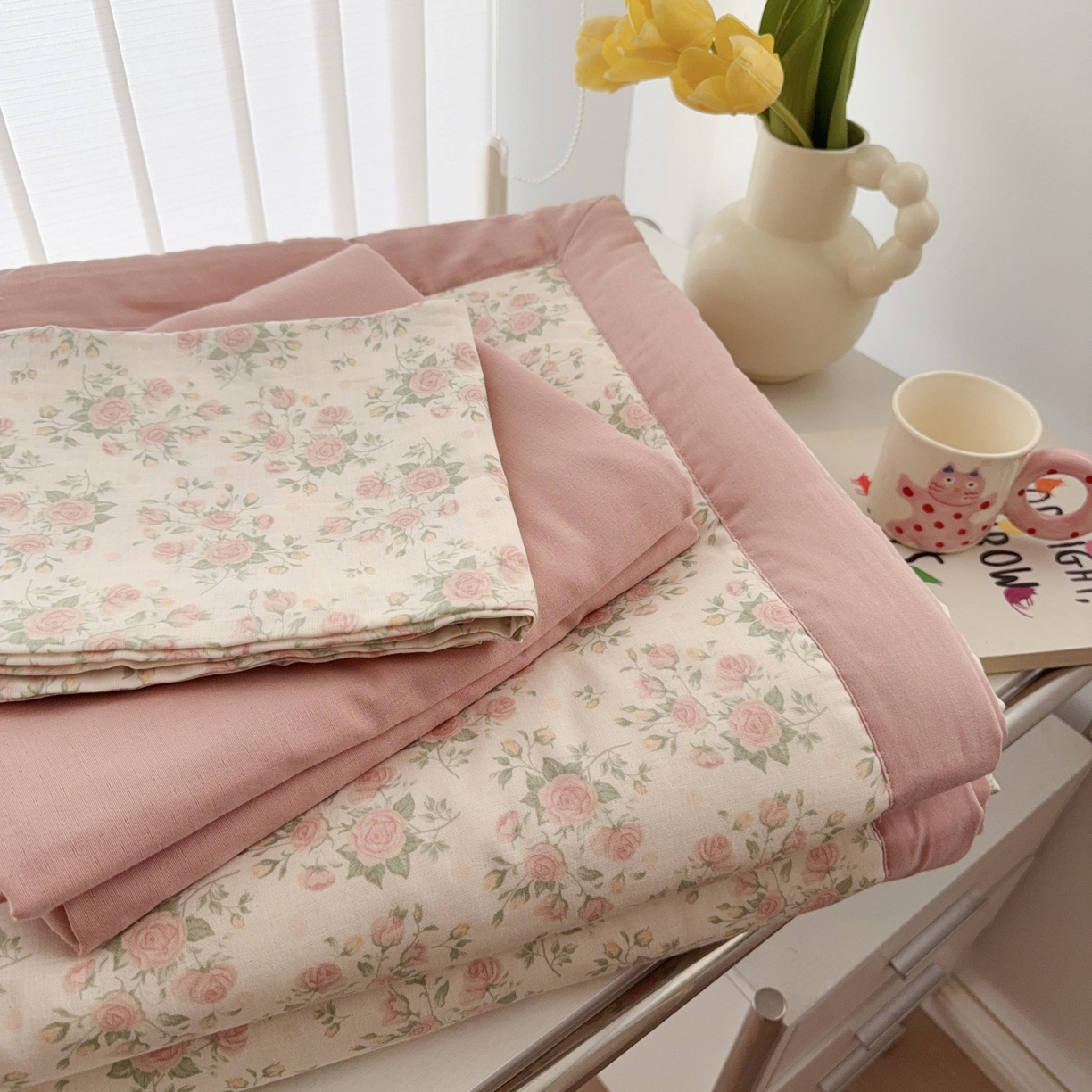 91家纺网 家纺一手货源 找家纺 于果 2025新款全棉双层纱夏被四件套 玫瑰米