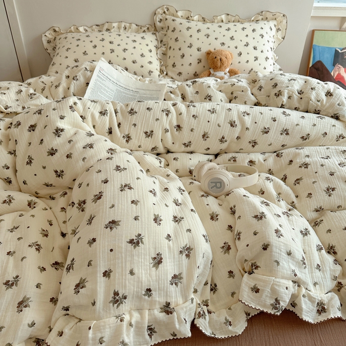 91家纺网 家纺一手货源 找家纺 2025新韩版花边全棉双层皱皱纱布四件套 清冷紫葡萄