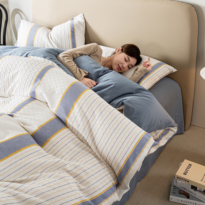 91家纺网 家纺一手货源 找家纺 九沐良品 2025新款全棉水洗棉提花四件套 简凝-蓝