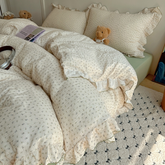 91家纺网 家纺一手货源 找家纺 2025新韩版花边全棉双层皱皱纱布四件套 清新奶盐