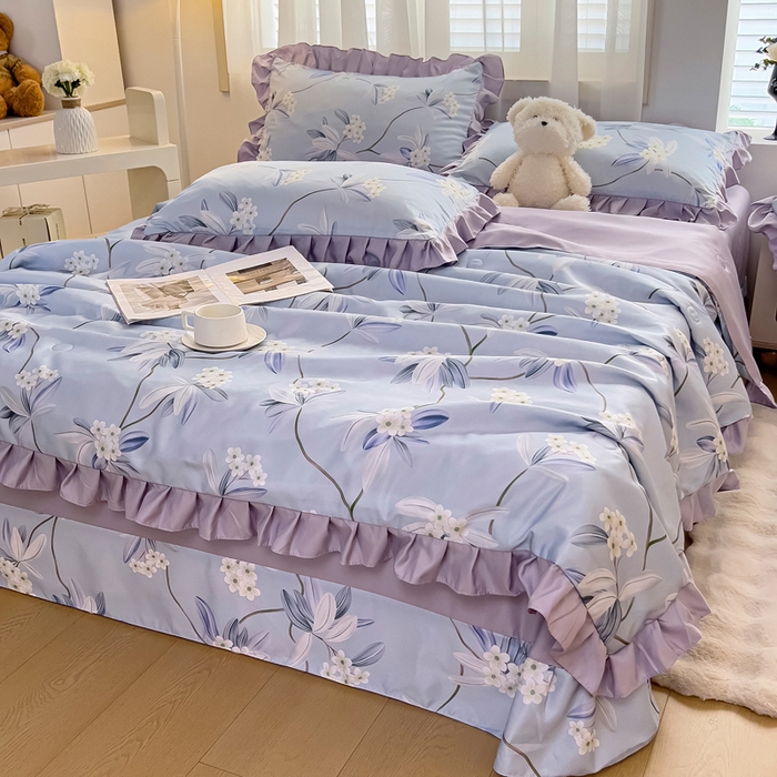 91家纺网 家纺一手货源 找家纺 找底底家纺 2025新款60S水洗天丝夏被夏凉被空调被床裙四件套 摇曳花香