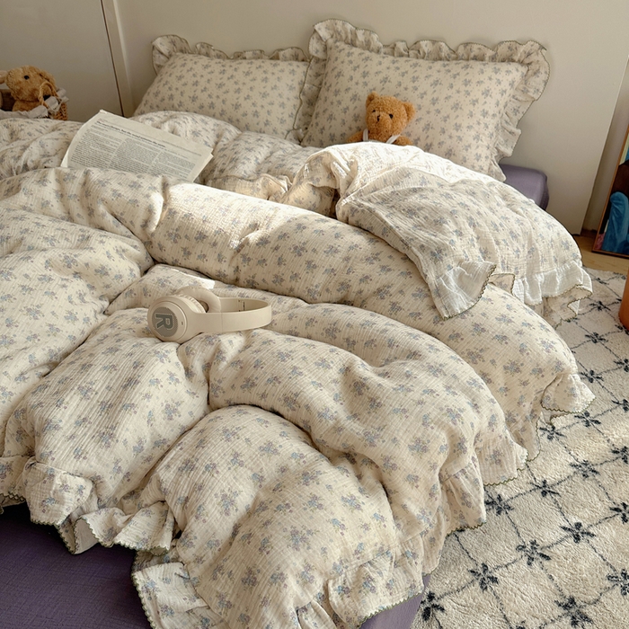 91家纺网 家纺一手货源 找家纺 2025新韩版花边全棉双层皱皱纱布四件套 怦然心动