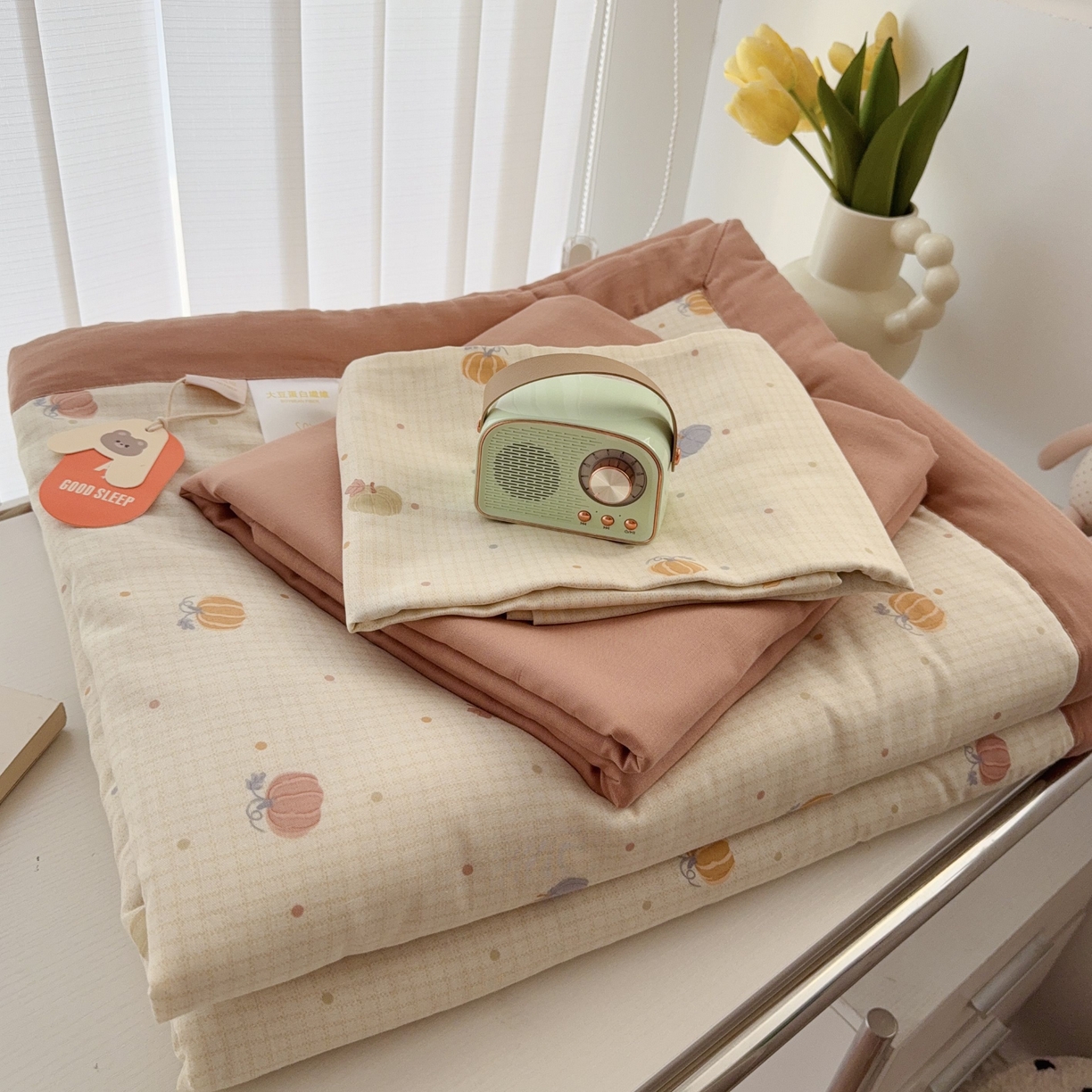 91家纺网 家纺一手货源 找家纺 于果 2025新款全棉双层纱夏被四件套 格格南瓜