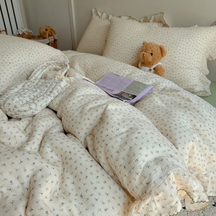 91家纺网 家纺一手货源 找家纺 2025新韩版花边全棉双层皱皱纱布四件套 清新奶盐