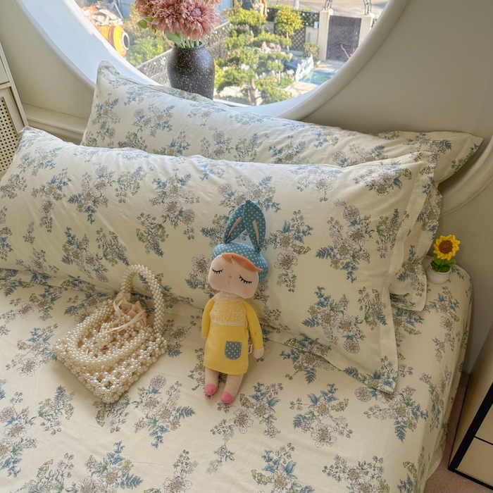 91家纺网 家纺一手货源 找家纺 百寐 2025新款13372全棉纯棉印花双人枕套+同款床单 云中忆