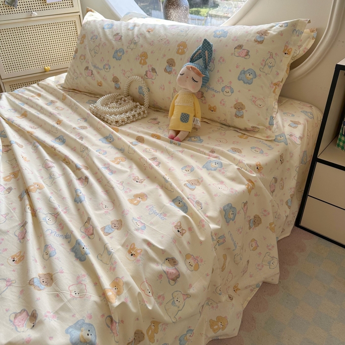 91家纺网 家纺一手货源 找家纺 百寐 2025新款13372全棉纯棉印花双人枕套+同款床单 泡芙狗