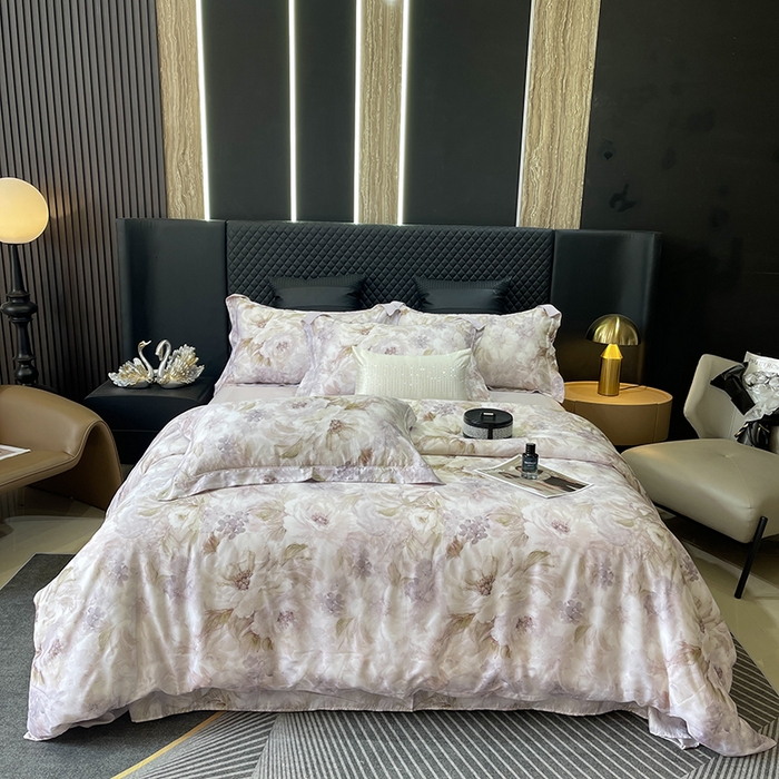 91家纺网 家纺一手货源 找家纺 莱豫2025新款50支莱赛尔天丝四件套 花影之恋紫