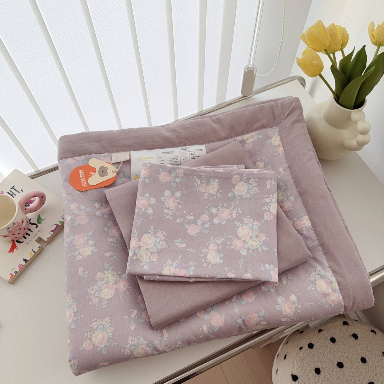 91家纺网 家纺一手货源 找家纺 于果 2025新款全棉双层纱夏被四件套 紫萱