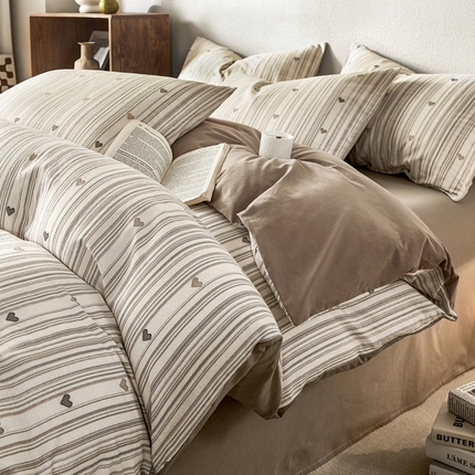 2025新款全棉水洗棉双层纱印花四件套 拿铁-米