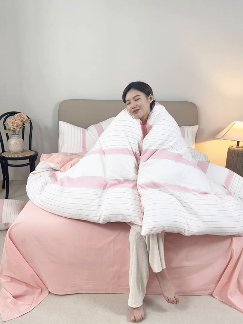 91家纺网 家纺一手货源 找家纺 九沐良品 2025新款全棉水洗棉提花四件套 简凝-粉