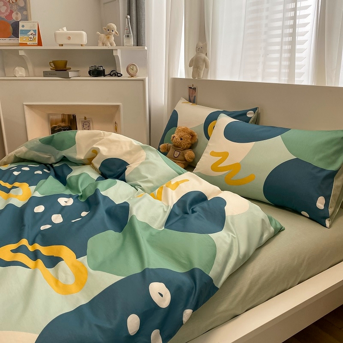 91家纺网 家纺一手货源 找家纺 吉象2025新款全棉印花北欧极简四件套系列 悉尼-绿（风格二）