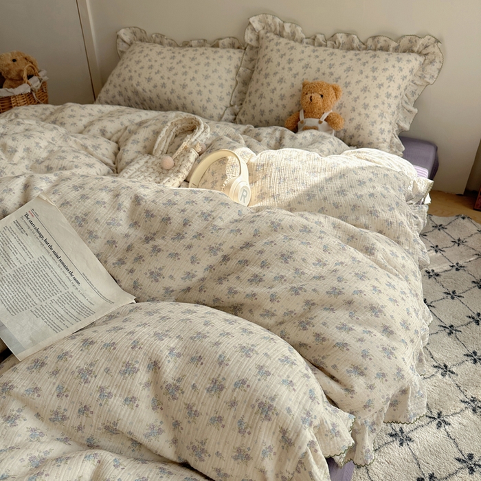 91家纺网 家纺一手货源 找家纺 2025新韩版花边全棉双层皱皱纱布四件套 怦然心动