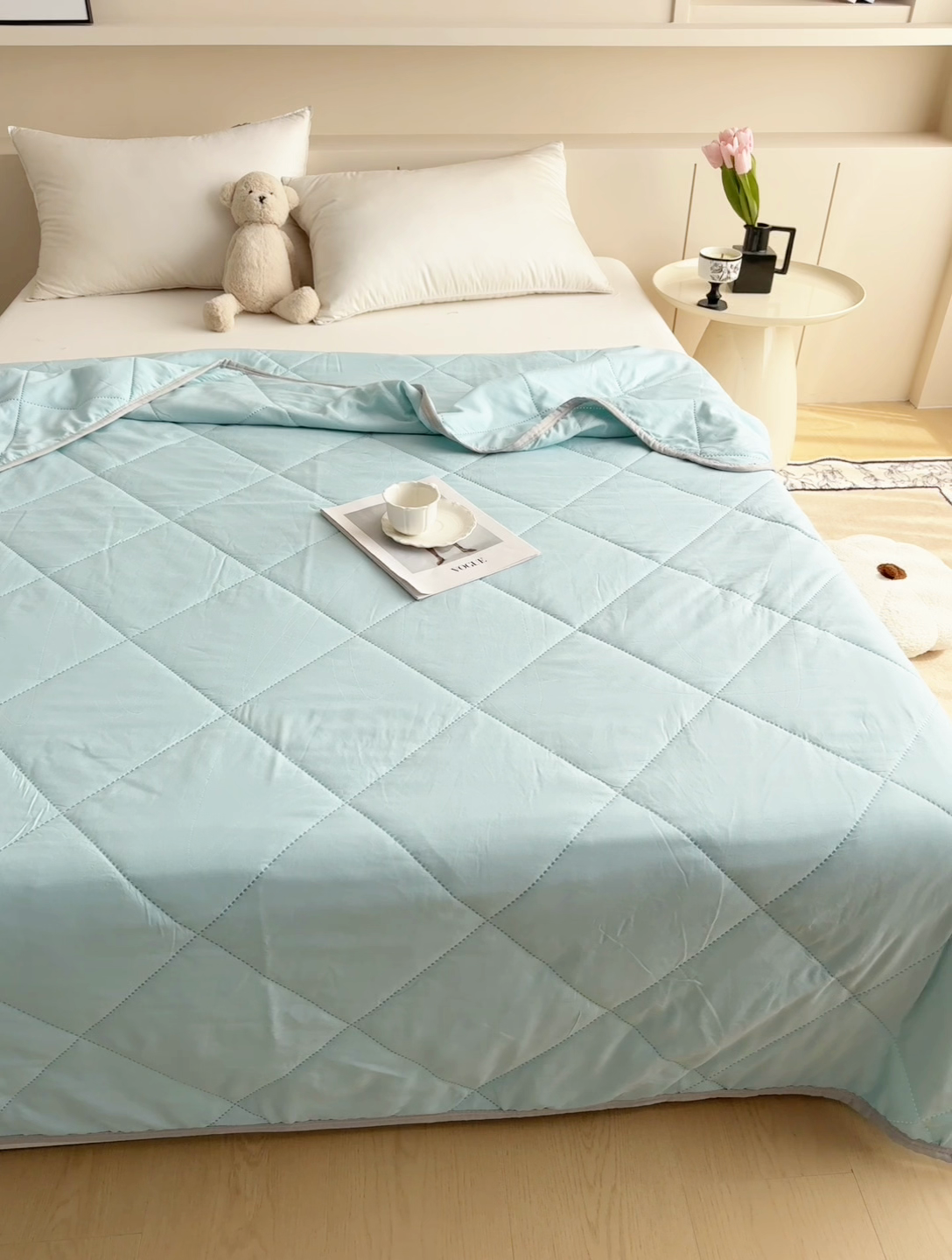 91家纺网 家纺一手货源 找家纺 薇玛仕 2025新款外贸款纯色亲肤磨毛超声波空调被 天空蓝