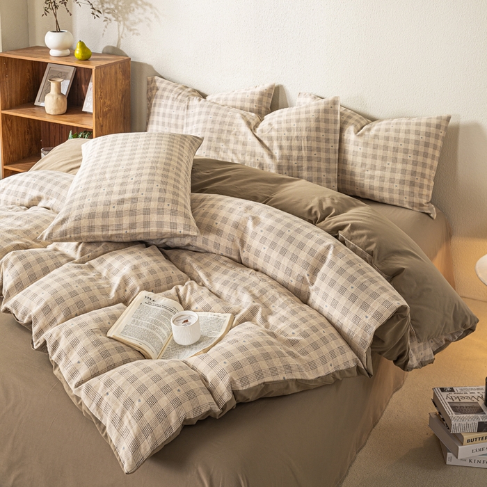 91家纺网 家纺一手货源 找家纺 2025新款全棉水洗棉双层纱印花四件套 伯克利-咖