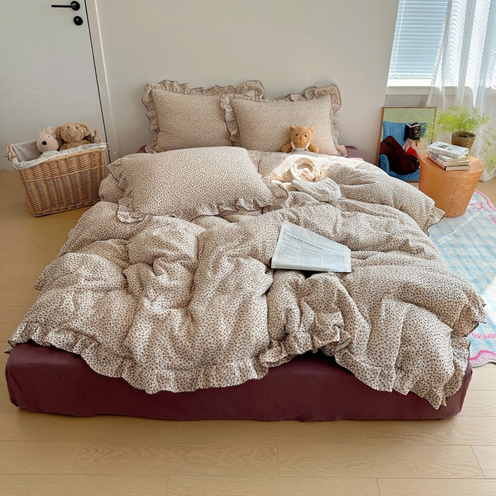 91家纺网 家纺一手货源 找家纺 2025新韩版花边全棉双层皱皱纱布四件套 紫鸢温柔