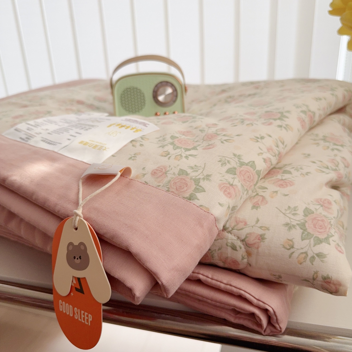 91家纺网 家纺一手货源 找家纺 于果 2025新款全棉双层纱夏被四件套 玫瑰米