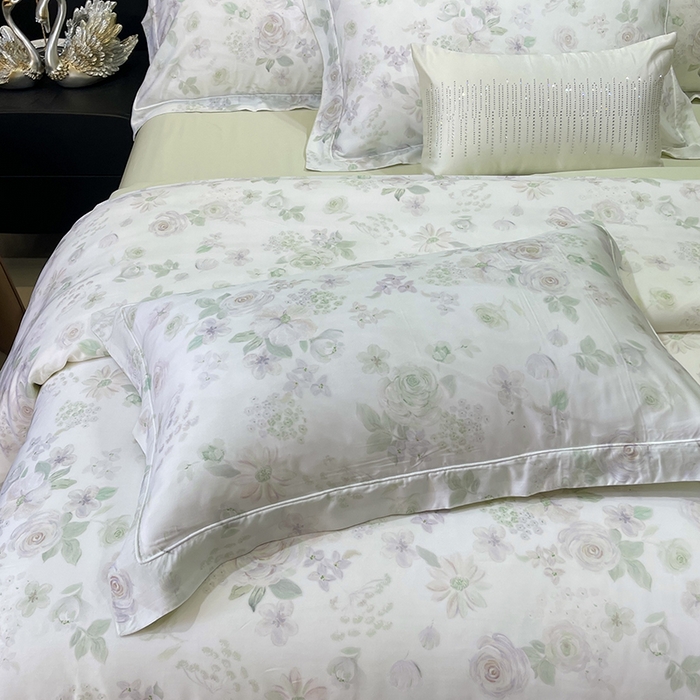 91家纺网 家纺一手货源 找家纺 莱豫2025新款50支莱赛尔天丝四件套 绿光森林