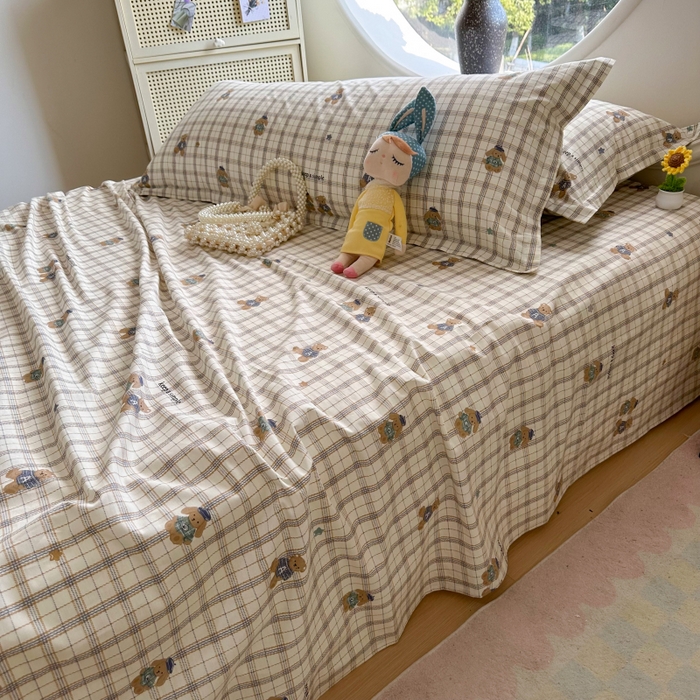 91家纺网 家纺一手货源 找家纺 百寐 2025新款13372全棉纯棉印花双人枕套+同款床单 格子熊