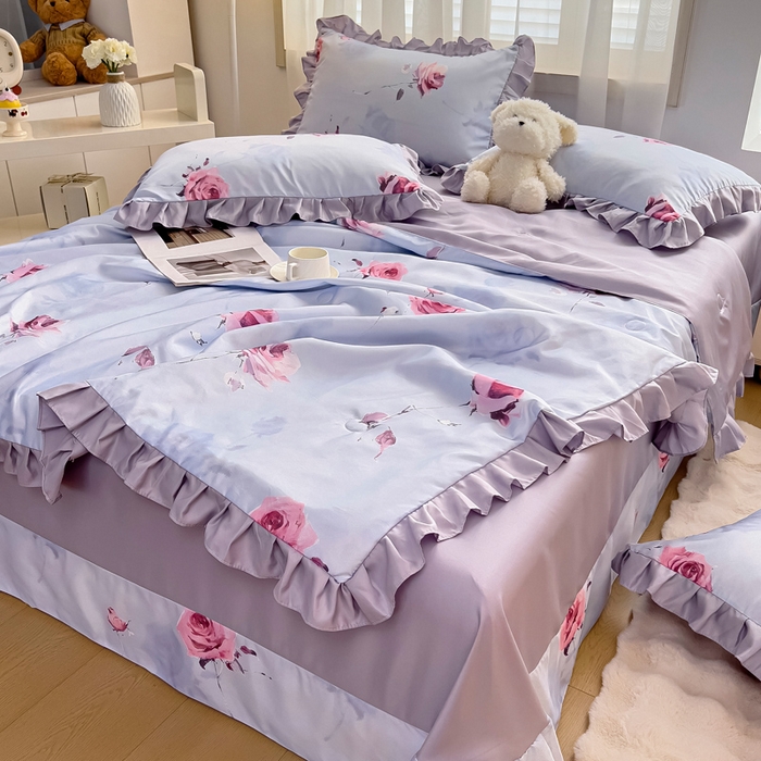 91家纺网 家纺一手货源 找家纺 找底底家纺 2025新款60S水洗天丝夏被夏凉被空调被床裙四件套 浪漫玫瑰