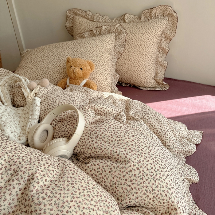 91家纺网 家纺一手货源 找家纺 2025新韩版花边全棉双层皱皱纱布四件套 紫鸢温柔